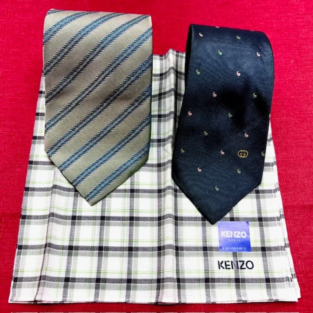 2 Neck Ties Silk: Gucci dark green & KT Homme +1 Kenzo Paris Handkerchief (40)